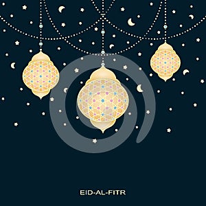 Eid-al-fitr background with stars moons and decorated lamps