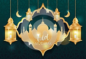 Eid al-Fitr background template with lanterns, moon and stars