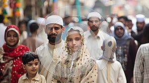Eid al fitr celebration with emotional fervor and joy on city streets in festive atmosphere photo