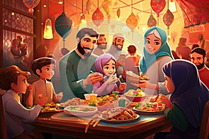 Eid al-Fitr Feast. Illustrate a happy amily gathering for a festive meal after the month of Ramadan in cartoon style photo