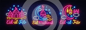 Eid-Al-Fitr festive card collection design template in modern trend style. Neon style, Islamic and Arabic background for
