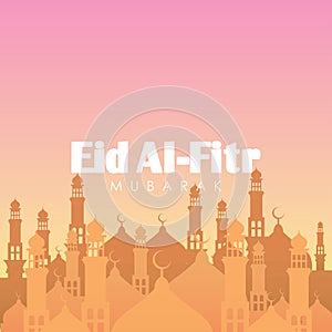 Eid Al-Fitr Greeting Card. Mosques and Dawn sky on Background Vector Illustration for greeting card, poster and voucher.