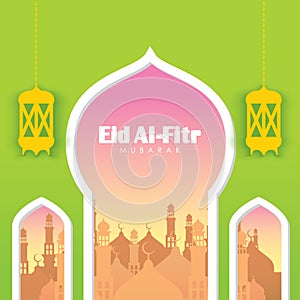 Eid Al-Fitr Greeting Card. Mosques and Dawn sky on Green Background Vector Illustration for greeting card, poster and voucher.