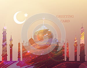 Eid al-fitr. Greeting card. Watercolor mosque