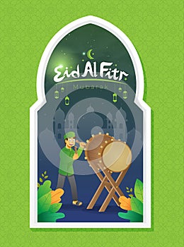 Eid al fitr greetings card with a boy hitting a ceremonial drum