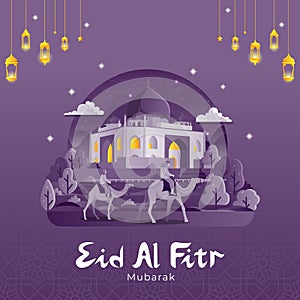 Eid Al Fitr Greetings card with people ride camel to mosque background
