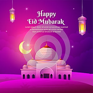 Eid al-fitr illustration with cute mosque and bright sky background