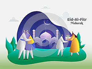 Eid-Al-Fitr Mubarak poster or banner design. Cartoon character of man and woman hugging each other.