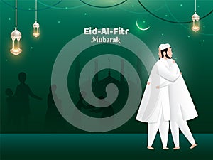 Eid-Al-Fitr Mubarak poster or banner design. Cartoon character of men hugging each other.