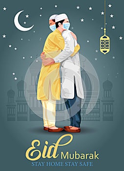 Eid-Al-Fitr Mubarak poster or banner design with illustration of young men hugging each other in occasion of Islamic Festival Eid photo