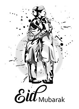 Eid-Al-Fitr Mubarak poster or banner design with illustration of young men hugging each other in occasion of Islamic Festival Eid