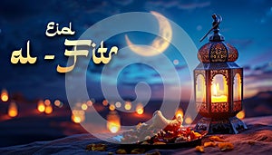 Eid al fitr poster template with a food and lantern background at night