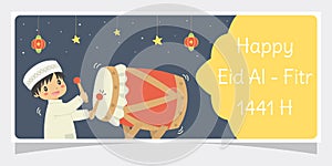 Eid Al Fitr Ramadan Banner, Muslim Boy Hitting Bedug Vector Design