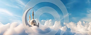 Eid al-Fitr or Ramadan Feast background. A mosque with a crescent moon perches above clouds against a blue sky. Faith