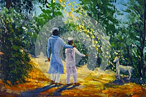 Eid el Adha religious holiday painting father and son looking at a sheep