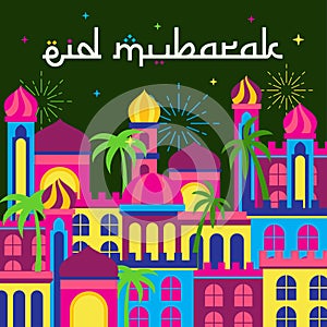 eid mubarak background with arabian night city. vector illustration