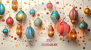 Eid mubarak background with arabic lanterns and hanging lamps, Eid ul Fitr greeting card design, generative ai