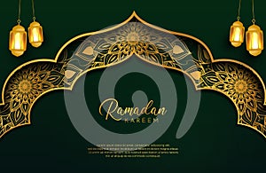Eid mubarak background in luxury style. Vector illustration of dark green arabic design with gold lantern or fanoos for Islamic