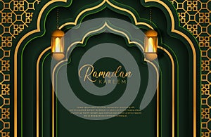 Eid mubarak background in luxury style. Vector illustration of dark green arabic design with gold lantern or fanoos for Islamic