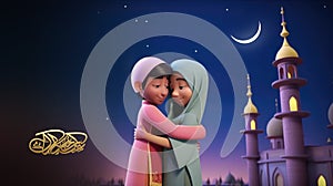 Eid Mubarak Banner Design with Adorable Muslim Couple Character Wishing Each Other in Crescent Night. Generative AI