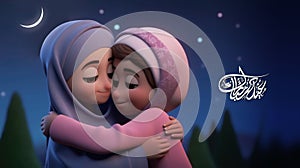 Eid Mubarak Banner Design with Adorable Muslim Girls Character Wishing Each Other in Crescent Night. Generative AI