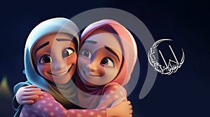Eid Mubarak Banner Design with Adorable Smiley Muslim Girls Character Wishing Each Other. Generative AI