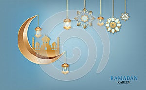 Eid Mubarak Banner , Ramadan Kareem vector Wishing for Islamic festival on Sky bule background