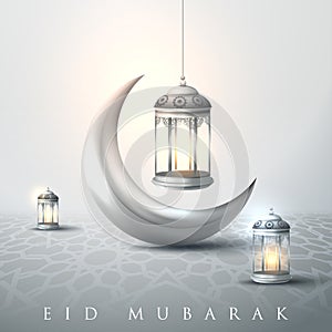 Eid Mubarak calligraphy with arabesque decorations and Ramadan lanterns