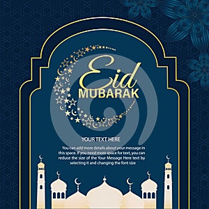 Eid Mubarak calligraphy with beautiful frame, blue color.  illustration