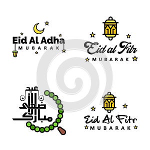 Eid Mubarak Calligraphy Pack Of 4 Greeting Messages. Hanging Stars and Moon on Isolated White Background Religious Muslim Holiday