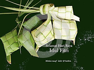 Eid Mubarak celebration card translate in Bahasa Indonesia or Malay language - Selamat Hari Raya Idul Fitri. Ketupat background.