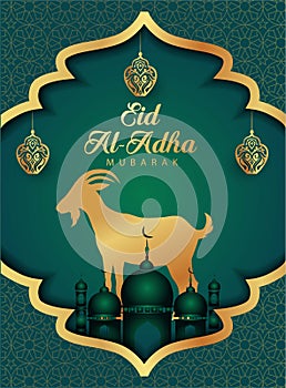 Eid Mubarak for the celebration of Muslim community festival Eid Al Adha. Greeting card with sacrificial sheep and mosque