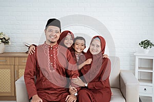 Eid Mubarak concept,asian family wearing Malay traditional clothes