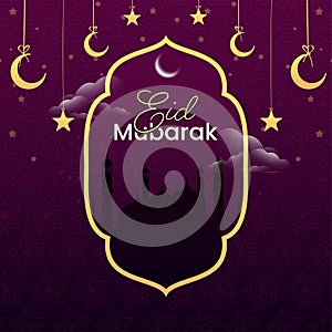 Eid Mubarak Concept With Silhouette Mosque, Crescent Moon, Stars Decorated On Purple Floral