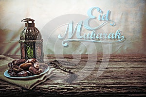 Eid mubarak with date palm fruit or kurma , ramadan food , image