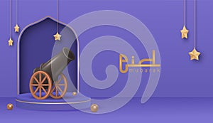 Eid Mubarak Design Poster with 3D Realistic Cannon