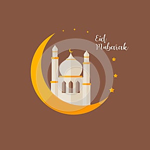 Eid mubarak flat banner vector illustration. Happy celebration Islamic design style, mosque and moon elements