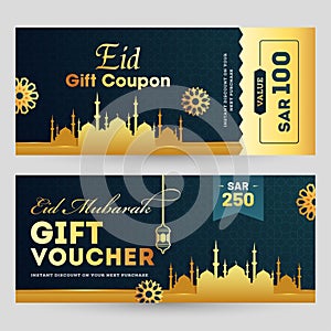 Eid Mubarak gift coupon or voucher front and back design with decoration of golden mosque.