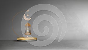 Eid Mubarak greeting card background with Crescent Moon,Star,Traditional islamic lantern on gray cement wall texture background.