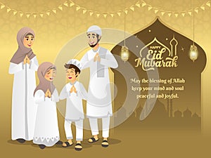 Eid mubarak greeting card. Cartoon muslim family blessing Eid al fitr on gold background. vector illustration