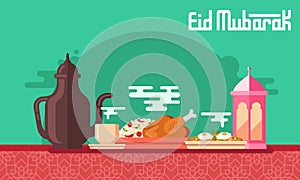 Eid Mubarak greeting card in flat style vector illustration with arabic coffee pot and cup, kabsa, shakshuka and lantern.