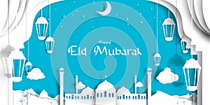 Eid Mubarak greeting Card Illustration with paper cut style with beautiful mosque in middle east