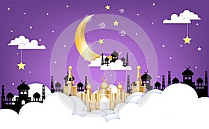 Eid Mubarak greeting Ramadan Kareem vector Wishing for Islamic festival poster, background on violet color