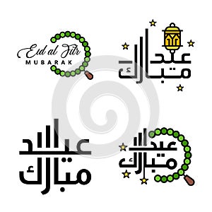 Eid Mubarak Handwritten Lettering. Vector Pack of 4 Calligraphy with Stars Isolated On White Background for Your Design