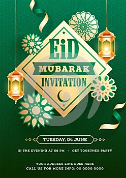 Eid Mubarak Invitation card design decorated with hanging golden illuminated lanterns.