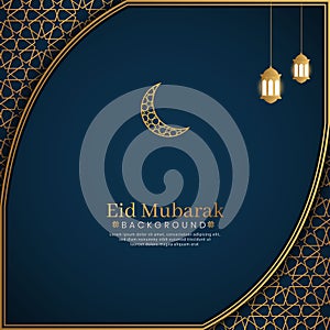 Eid Mubarak Islamic Arabic Blue Luxury Background with Golden Pattern Border Frame and Lantern photo