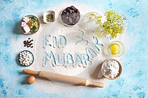 Eid Mubarak - Islamic holiday welcome phrase ` happy holiday`, greeting reserved. Arabic baking background.