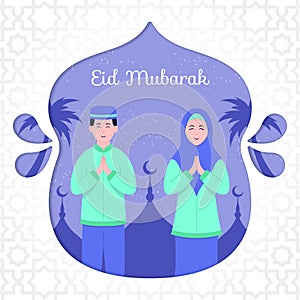 Eid mubarak with man and woman praying. People wishing and greeting eid mubarak.