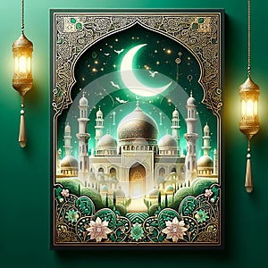 Eid mubarak mosque with golden lamp background photo