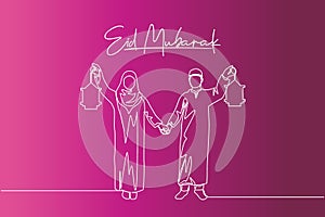 Eid Mubarak poster, banner and greeting card design Single continuous line drawing of young Islamic muslim muslimah couple holding